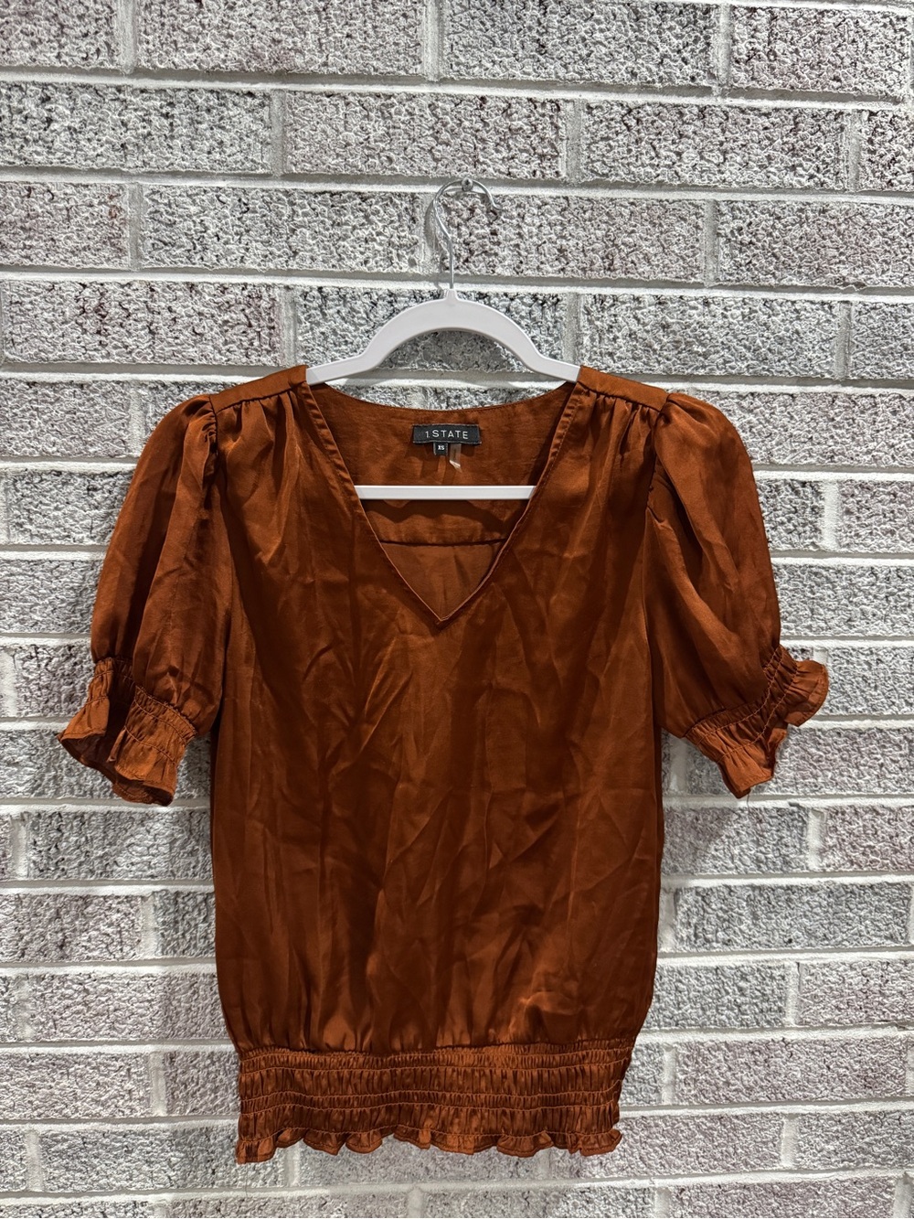 1. State Rust V-Neck Puff Sleeve Blouse